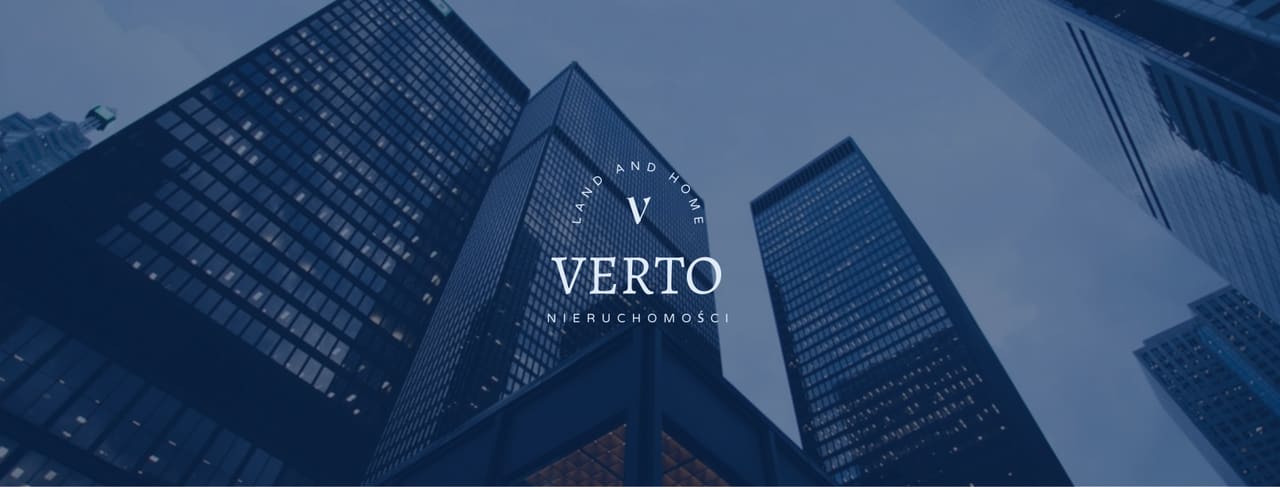 VERTO Nieruchomości — panorama miasta z logotypem agencji